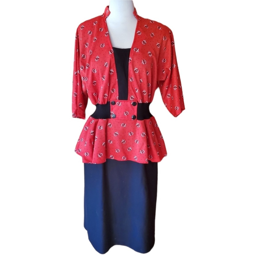 1980s KR of‎ NY Red & Black Peplum Dress